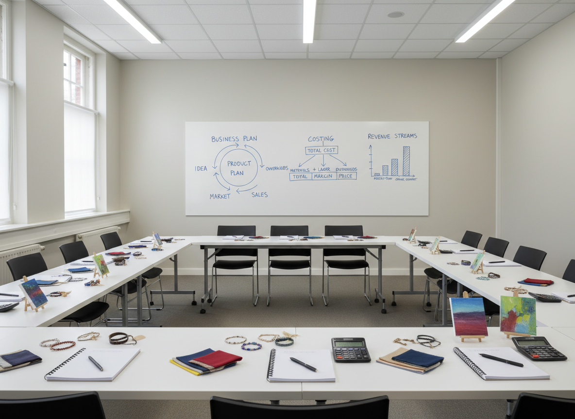 A professional training room set up for entrepreneurial skills development, with a clean whiteboard at the front showing simple hand-drawn diagrams of a basic business plan, costing, and revenue streams. Several rectangular tables form a U-shape, each topped with tidy stacks of notebooks, calculators, fabric samples, and small hand-crafted items like bracelets and mini canvas artworks waiting to be priced. Cool, even overhead lighting combines with soft window light to create a bright, neutral atmosphere. The mood is serious yet encouraging. Captured at eye level from the back of the room, with crisp focus across the whiteboard and tables, using photographic realism. The composition emphasizes structure and clarity, reinforcing the idea of turning creative talent into sustainable income without including any people.