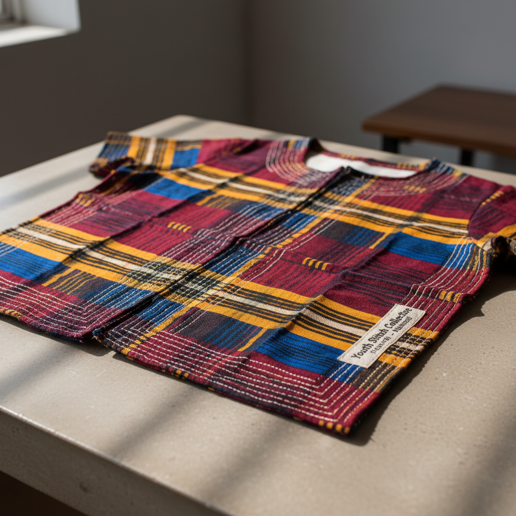 A close-up, detailed shot of a vibrant, hand-stitched garment laid flat on a smooth, neutral-colored surface. The fabric features bold Kenyan-inspired patterns in deep reds, yellows, and blues, with carefully aligned seams, neatly finished edges, and a visible branded label representing a youth-led micro-enterprise. Soft side lighting from a nearby window creates delicate shadows along the stitching, emphasizing craftsmanship and texture without glare. The mood is proud and aspirational, highlighting quality and professionalism. The composition is centered with a shallow depth of field, the garment in sharp focus and the background gently blurred, in a clean, photographic style that showcases the tangible outcome of fashion training and entrepreneurial learning.