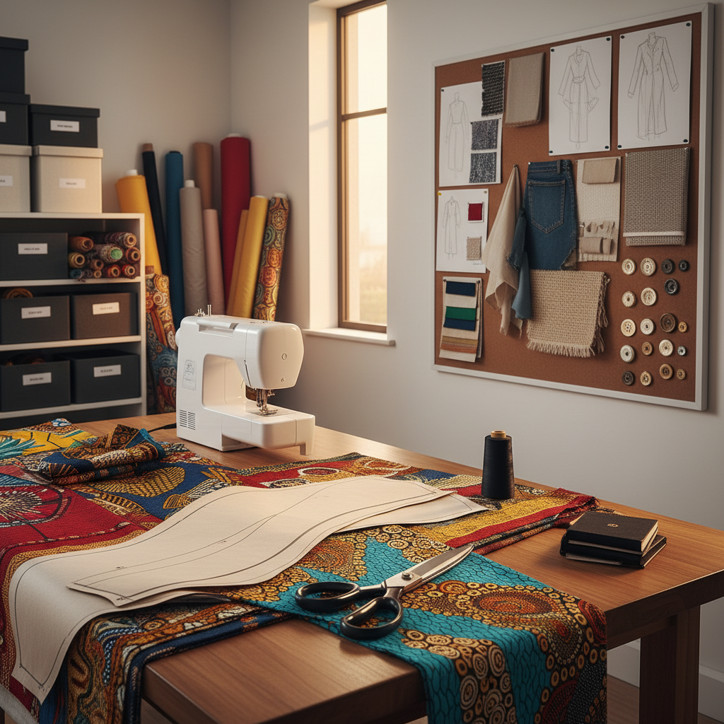 An organized fashion and design workspace featuring a sturdy cutting table covered with vividly patterned African fabrics, precise paper patterns, sharp fabric scissors, and a modern sewing machine. Nearby, a mood board mounted on a clean white wall displays sketches, fabric swatches, and sample buttons. Soft afternoon light filters through a high window, creating a warm, even glow and subtle shadows that emphasize textures of cloth and paper. The atmosphere feels focused, aspirational, and professional. Captured from a slightly elevated angle using photographic realism, the composition follows the rule of thirds, with sharp focus across the main tools and a softly blurred background of neatly stacked fabric rolls and labeled storage boxes, suggesting structured, skill-based training in fashion design.