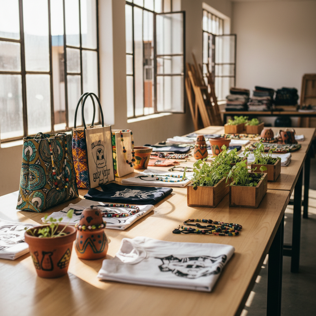 A neat display of children’s fashion and art projects arranged on a long, light-wood table inside a bright Kenyan training studio. Colorful handcrafted fabric bags, neatly folded patterned shirts, beaded accessories, painted clay pots, and small planter boxes with thriving green seedlings form a harmonious spread. Large open windows reveal soft daylight pouring in, casting gentle, natural highlights on the polished tabletop and subtle shadows beneath each item. The mood is hopeful, professional, and inspiring. Photographed at eye level with moderate depth of field, the front objects in crisp focus and the background softly blurred. The style is photographic realism with vibrant, true-to-life colors, conveying creative skill and entrepreneurial potential without any people present.