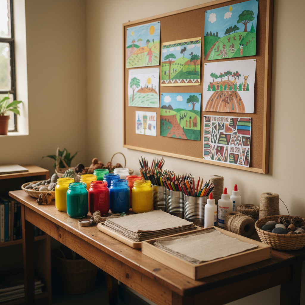 A carefully arranged art and craft training corner with a solid wooden table covered in neatly organized supplies: bright non-toxic paints in clear jars, sharpened colored pencils in metal tins, stacks of recycled paper, glue, string, and an assortment of natural materials like dried leaves and seed pods. On the wall above, a cork board displays finished drawings and collages themed around Kenyan landscapes and agriculture. Soft, diffused daylight from an unseen window creates a calm, even illumination, enhancing color without harsh shadows. The mood is creative yet orderly, ideal for structured learning. Shot at an eye-level, three-quarter view with a shallow depth of field that keeps the central materials in sharp focus while the far edges of the room fall into gentle blur, in a clean, photographic style.