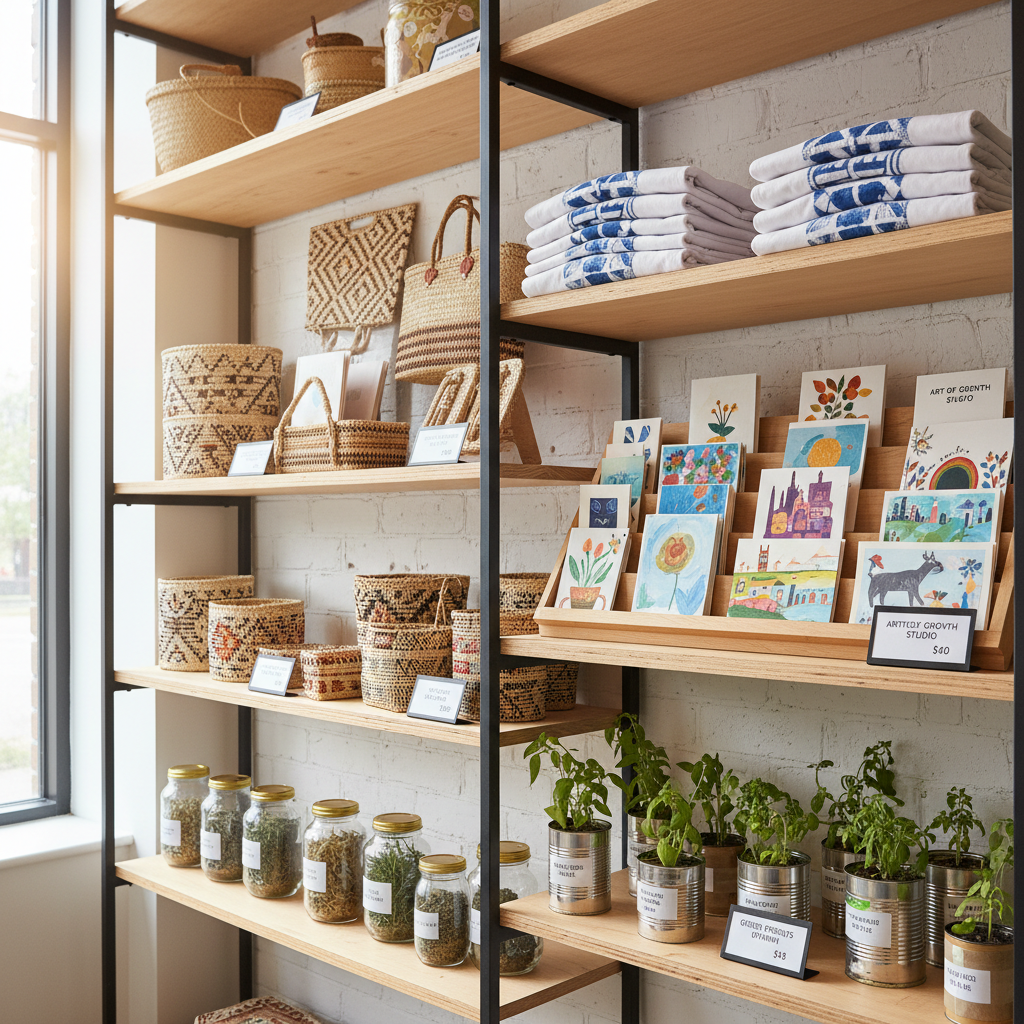 A bright, modern shelf display inside a youth creative hub, filled with products from fashion, art, and agriculture training: folded printed T-shirts, hand-painted greeting cards, woven baskets, jars of dried herbs, and small potted vegetables in recycled containers. Each item has a neatly printed price tag and a small card describing the youth-led project behind it. Natural daylight from a nearby window combines with warm overhead lighting to create an inviting, retail-like glow. The mood is energetic and opportunity-focused. Photographed at an oblique angle with the nearest items in sharp focus and the rest receding into a soft bokeh, using photographic realism to convey the bridge between creative skills and real-world entrepreneurship, with no people visible.