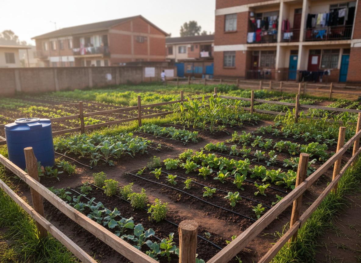 A small urban agriculture training plot enclosed by a simple wooden fence, with neat rows of leafy green vegetables, young maize plants, and herbs growing in well-tended soil. Drip irrigation lines run carefully between the rows, leading to a compact water tank at one corner. In the background, low-rise Kenyan buildings are softly out of focus, suggesting a community setting. Early morning sunlight casts a golden, low-angle glow, highlighting the fresh green leaves and creating long, soft shadows that emphasize the structure of the beds. The atmosphere feels optimistic and sustainable. Photographed from a slightly elevated angle with sharp focus throughout, in realistic, documentary-style photography that communicates practical, hands-on agricultural training and self-reliance.